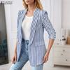 Women Casual Turn Down Collar Long Sleeve Thin Stripe Print Cardigan Blazer
