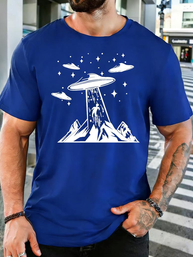 Unisex Crew Neck Tee Cool Ufo Alien Mountain Star Graphic Print Short Sleeve Top Summer Outdoor Loose Soft Casual Basic Daily Wear