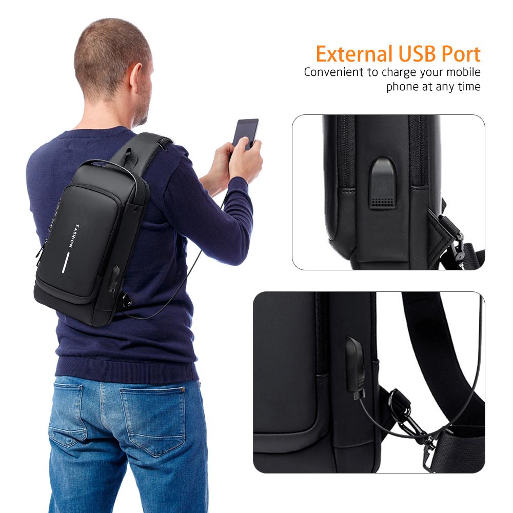 Men Sling Bag Pack with Lock Waterproof Antitheft Chest Bag with USB Charging Port Shoulder Bag