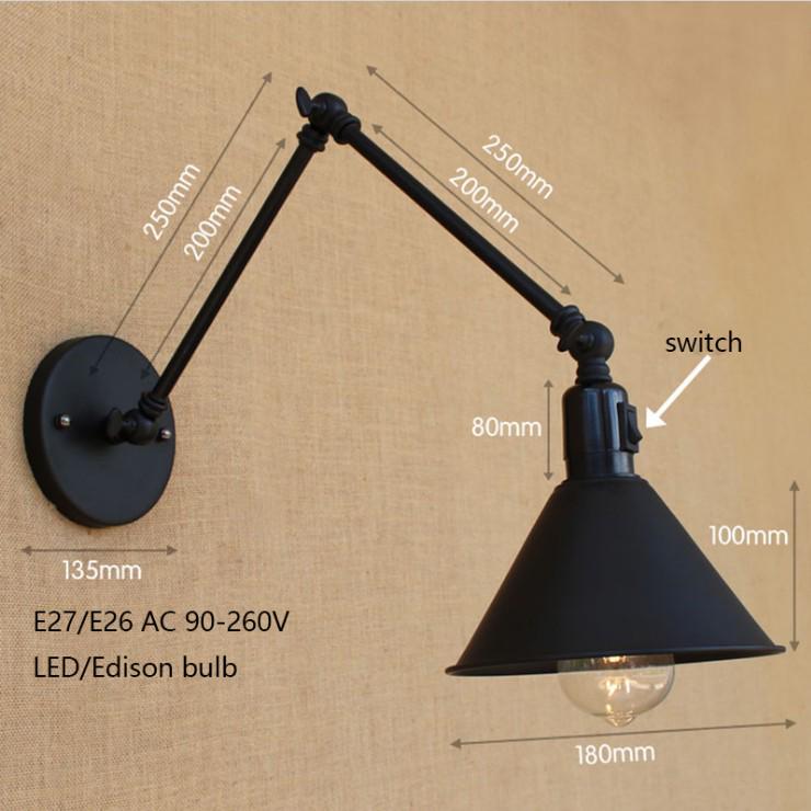 Ретро кованое железо черный длинный кронштейн настенный светильник E27 студия прикроватная спальня лофт проход