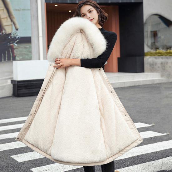 Winter Women Jacket Furry Hood Long Sleeves Drawstring Waist Pockets Zipper And Button Closure Windbreaker Mid Length Solid Color Windproof Warm Coat