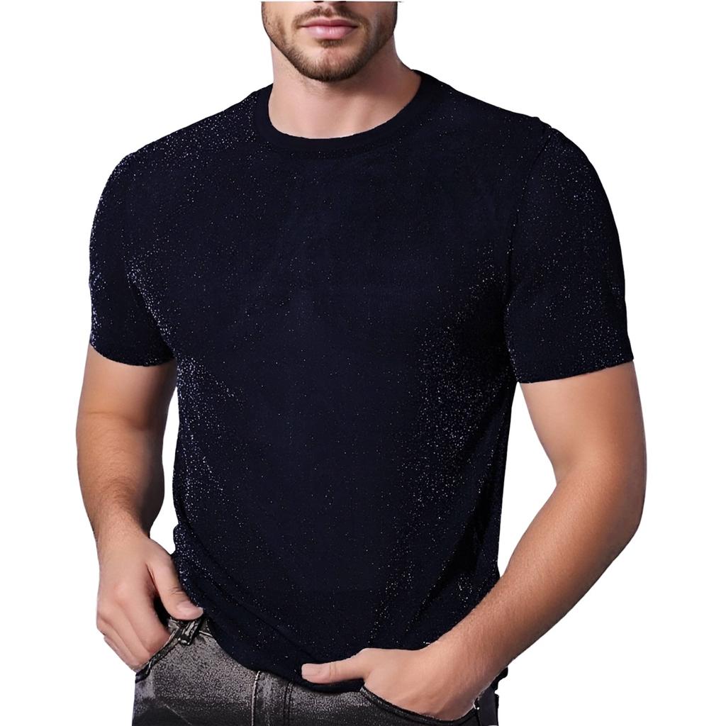 Мужская блестящая футболка с круглым вырезом и короткими рукавами из прозрачной сетки
