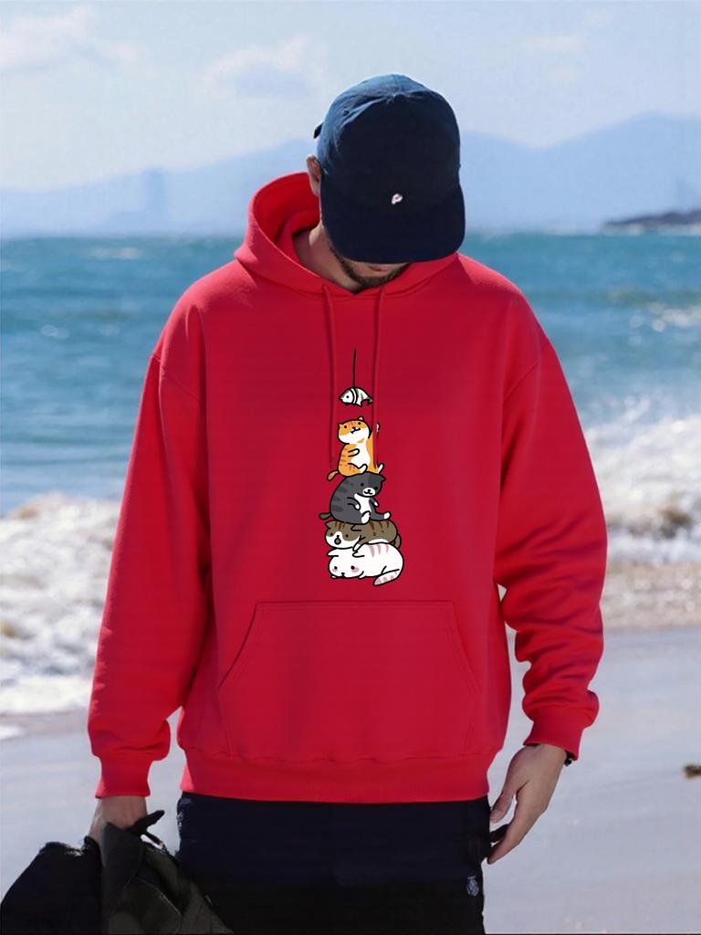 Fish Catching Cats Printed Men Hoodies Multicolor Fleece Pullover All-Match Pocket Hoody Hip Hop Oversized Male Streetwear