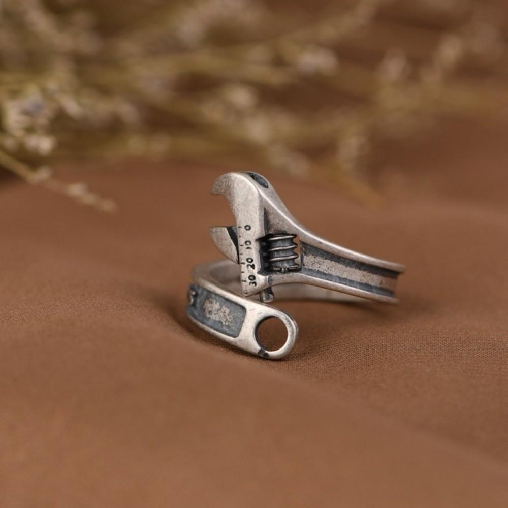Heavy Duty Spanner Finger Ring Silver Plated Biker Jewelry Wrench-Shaped Open Ring  Boys Girls
