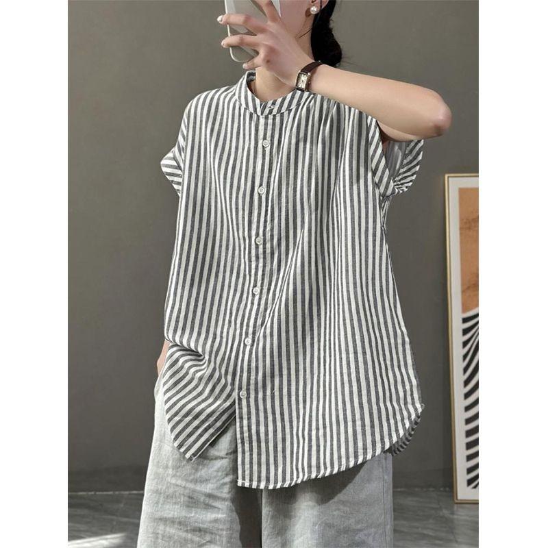 Artistic Striped Cotton Linen Shirt for Women In Summer Loose Casual Comfortable Sleeveless Top Shirts