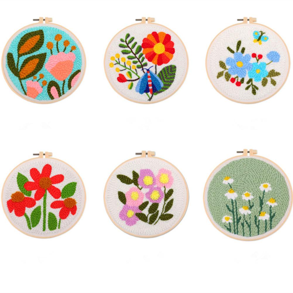 Наборы для вышивания пуансонной иглой для начинающих, наборы для начинающих для вышивания пуансонной иглой с цветами, с тканью для пуансонной иглы, вышивальными пяльцами и пряжей