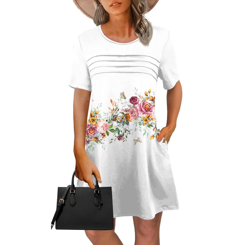 Женское летнее винтажное платье с цветочным принтом, повседневное платье с коротким рукавом и круглым карманом