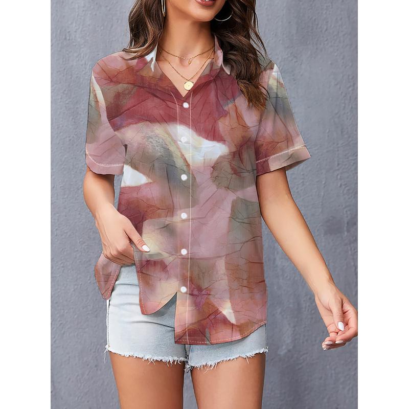 Women's Pink-Brown Abstract Print Short-Sleeve Shirt with Buttons Lightly Mature Artistic Casual Blouse Fashion Trend