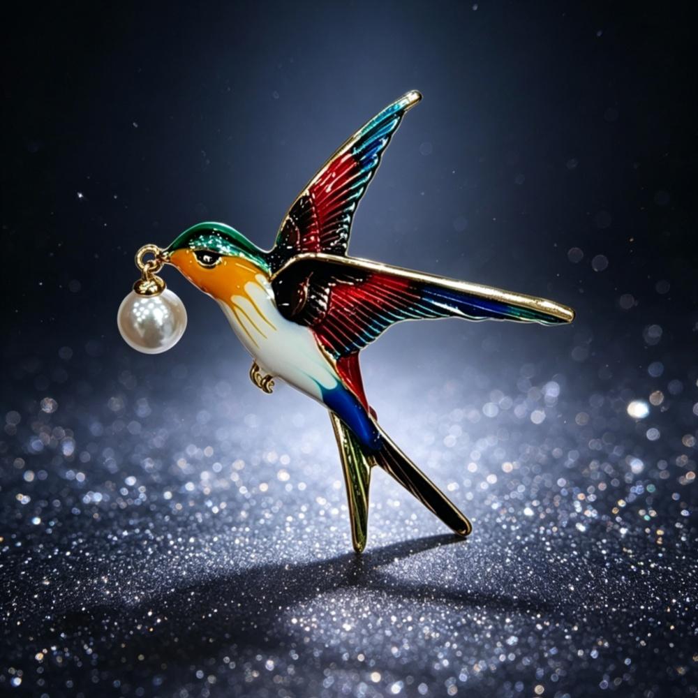 Freshwater pearl enamel bird brooch, elegant ladies' swallow jewelry, can also be as a pendant, vintage style scarf pin and necklace pendant.