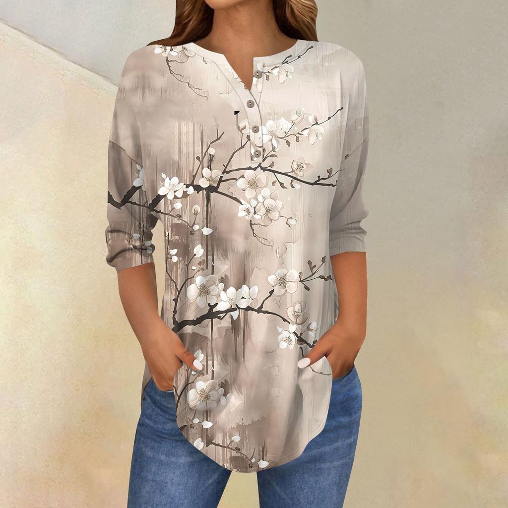 3/4 Length Sleeve Womens Tops Summer T-Shirts Floral Print V Neck Casual Basic Tee Button Shirts Tunic Tops