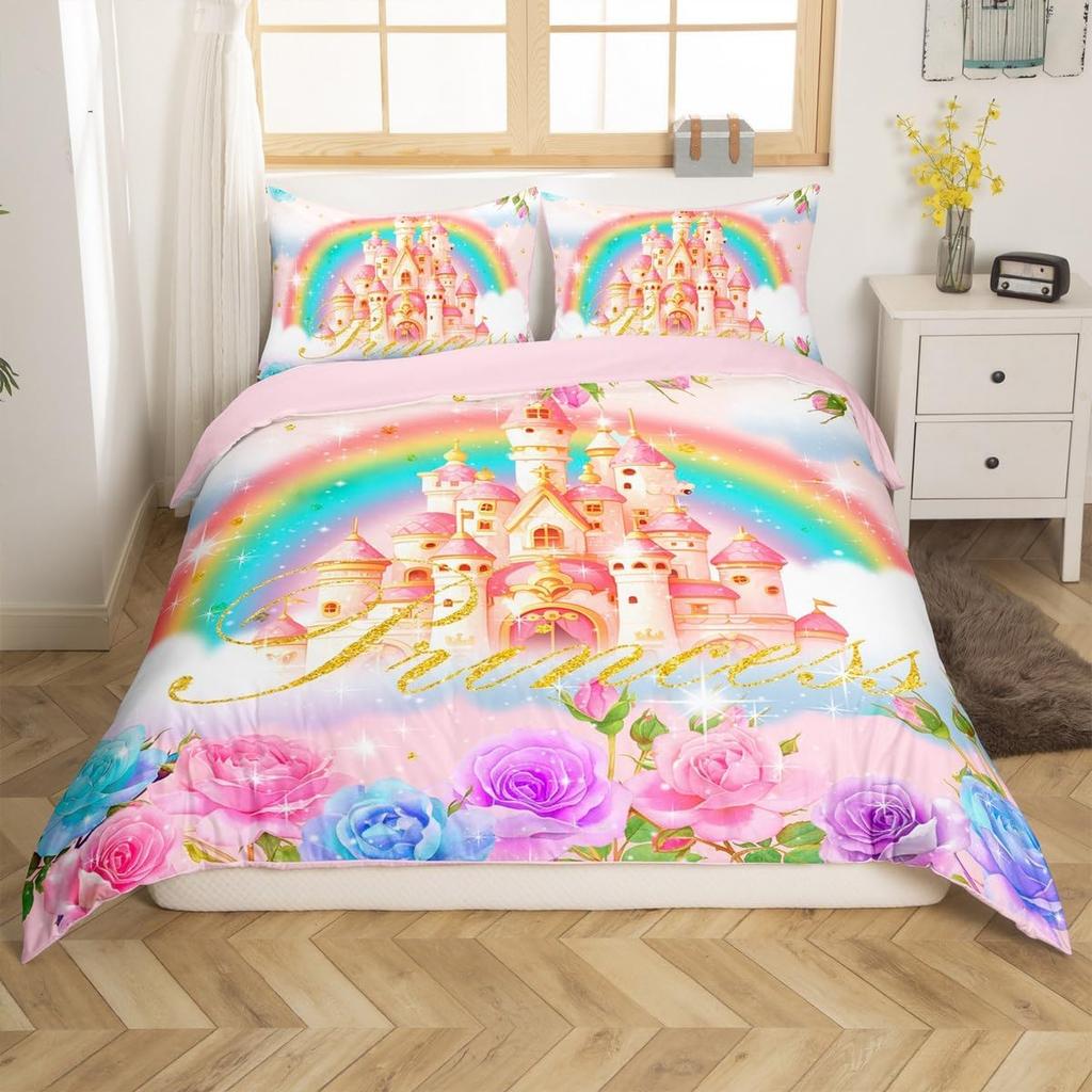 Fairy Tale Castle Bedding Set Twin QueenGirly Golden Castle Silhouette Duvet CoverBlooming Flowers Botanical Comforter Cover