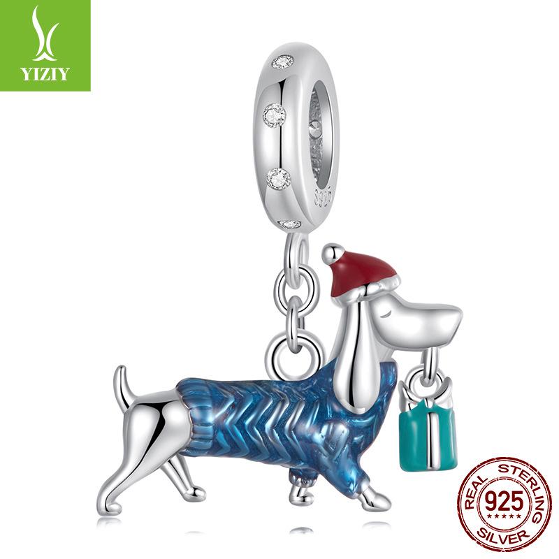 Handmade S925 Sterling Silver Dachshund Christmas Pendant with White Gold Plating - Creative DIY Jewelry Accessory