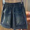 Summer Women's Retro Elastic Waist Denim Shorts Thin Section Big Pocket Jeans Women's Casual Shorts