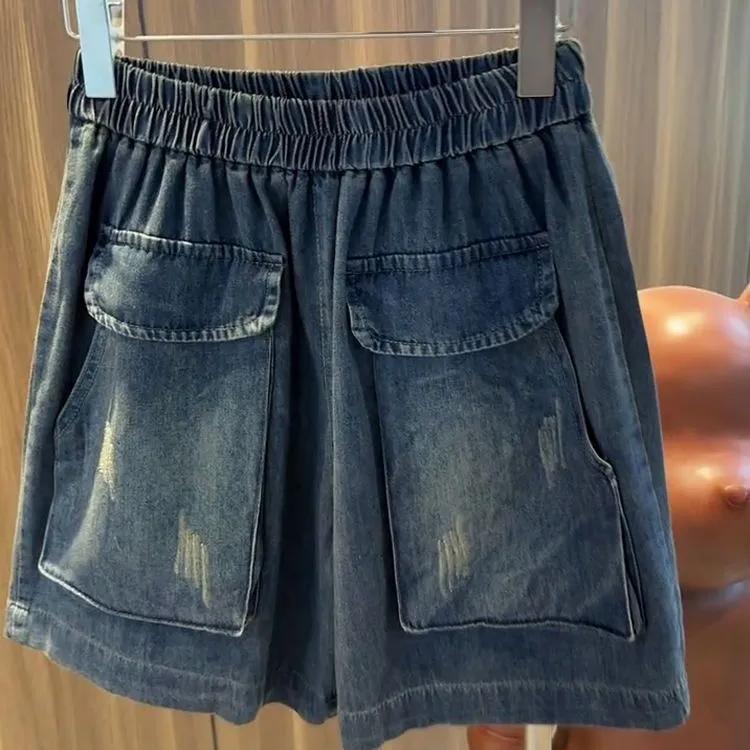 Summer Women's Retro Elastic Waist Denim Shorts Thin Section Big Pocket Jeans Women's Casual Shorts