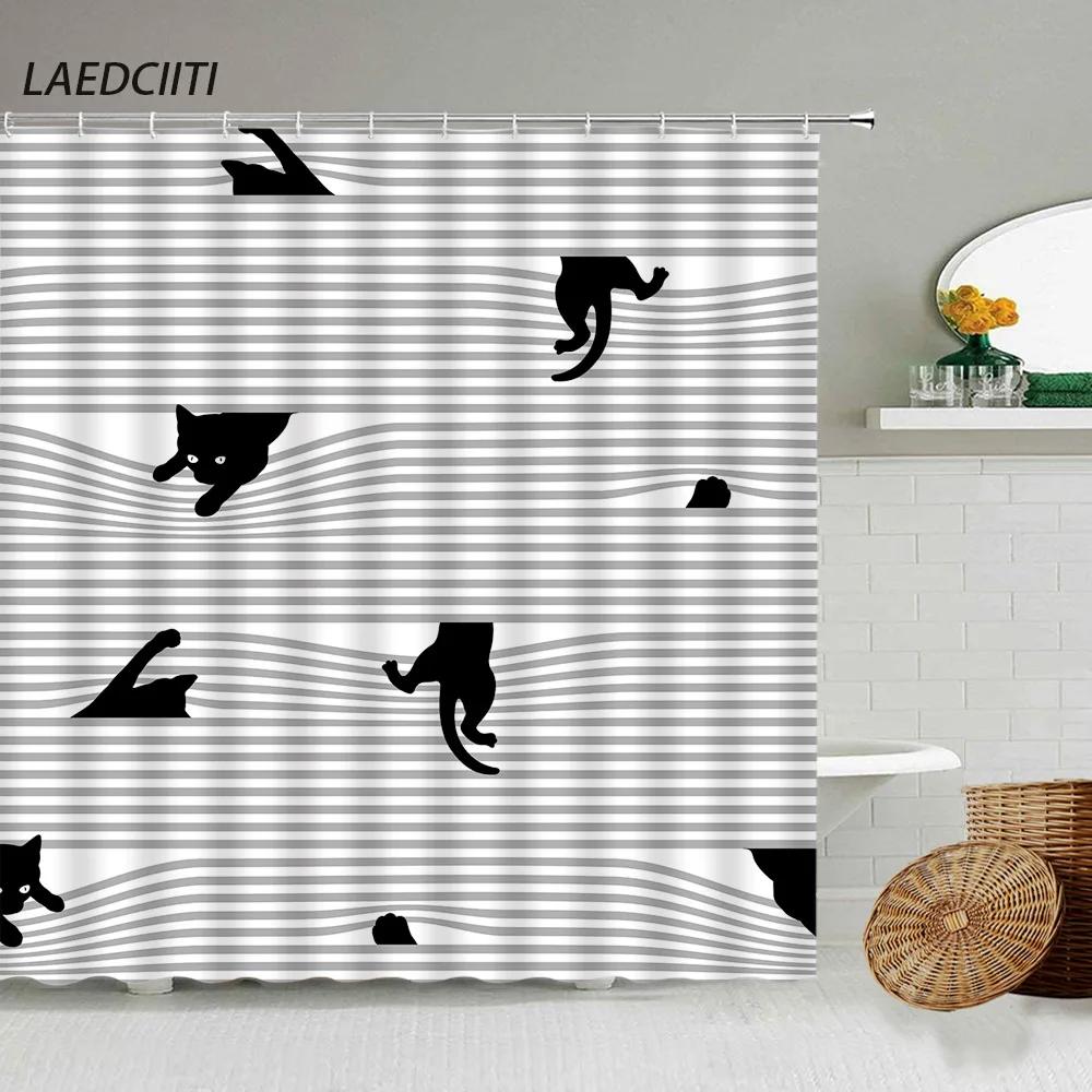 Cartoon Hand-Painted Animal Shower Curtain, Cat, Bird, Rabbit, Plant, Flower, Child Bathroom Decor With Hook