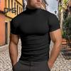 Men Summer T-shirt Half-high Collar Slim Fit Stretchy Solid Color Short Sleeves Base Layer Top Daily Sport Exercise Gym Tee