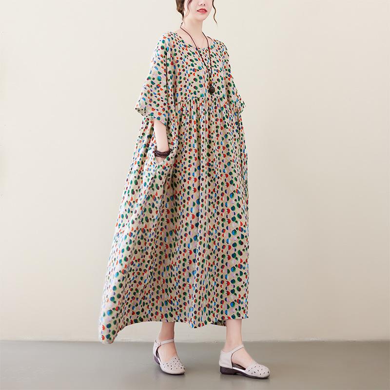 Johnature Свободное платье в горошек с разноцветным принтом, женское весенне-летнее повседневное богемное женское платье с разноцветным принтом