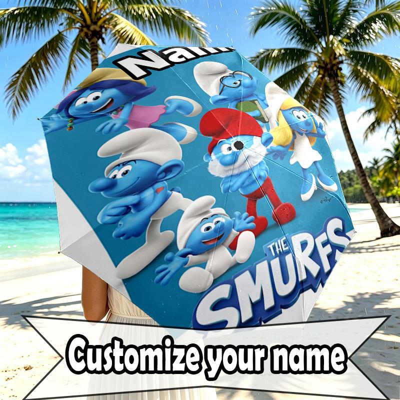 Custom Name Personalized Blue Smurfs Print Umbrella, Auto Open Close, 8‑Rib Sturdy Frame, Commute Camping Hiking Use, Birthday Gift
