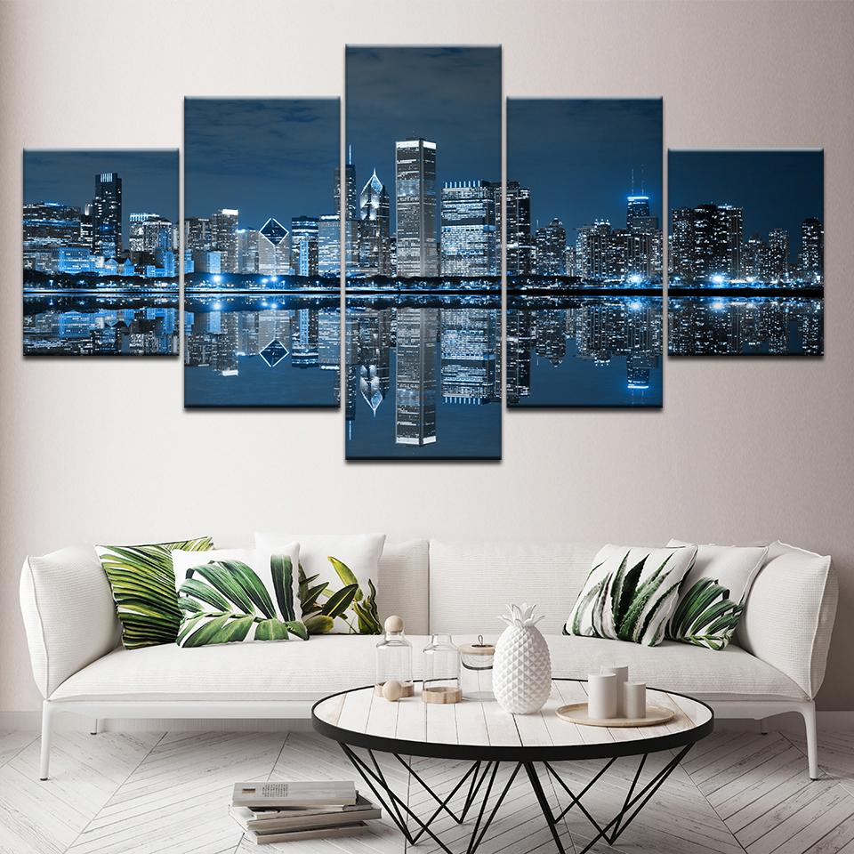 Chicago Downtown Night Scene Canvas Painting Art, 5-Piece Wall Art Painting Stencil Poster Print Home Decor
