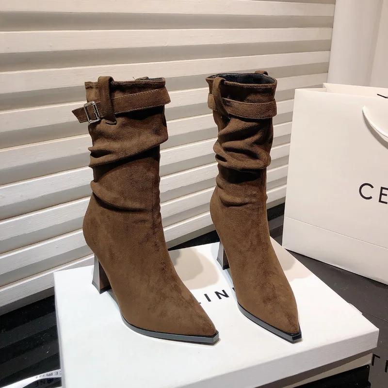 Korean Fashion Pleated Mid-tube Skinny Heel Pile Boots Women's 2024 Fall Belt Buckle Suede Pointed Heel Ankle Boots