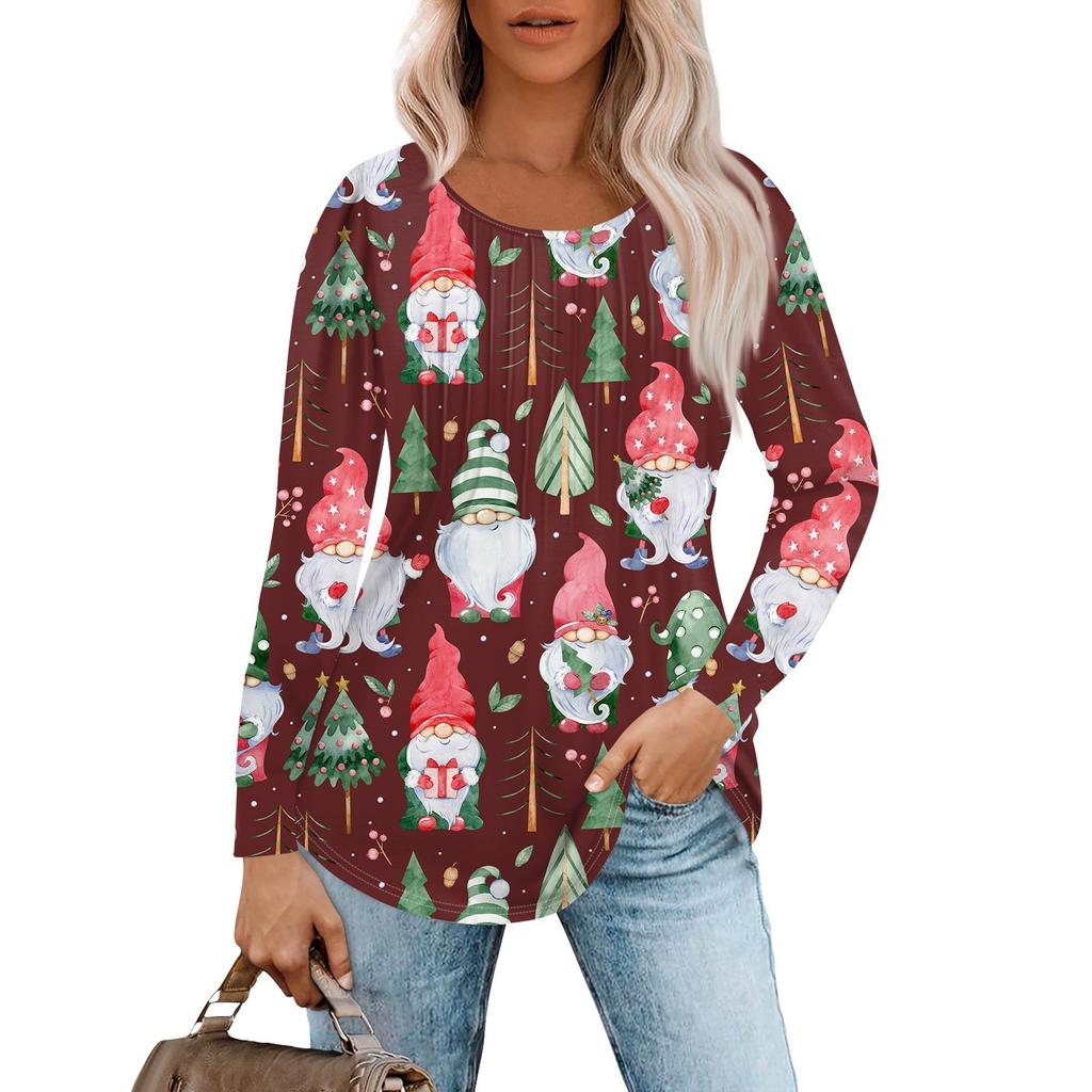 Женская повседневная футболка с круглым вырезом и длинными рукавами с рождественским принтом и складками