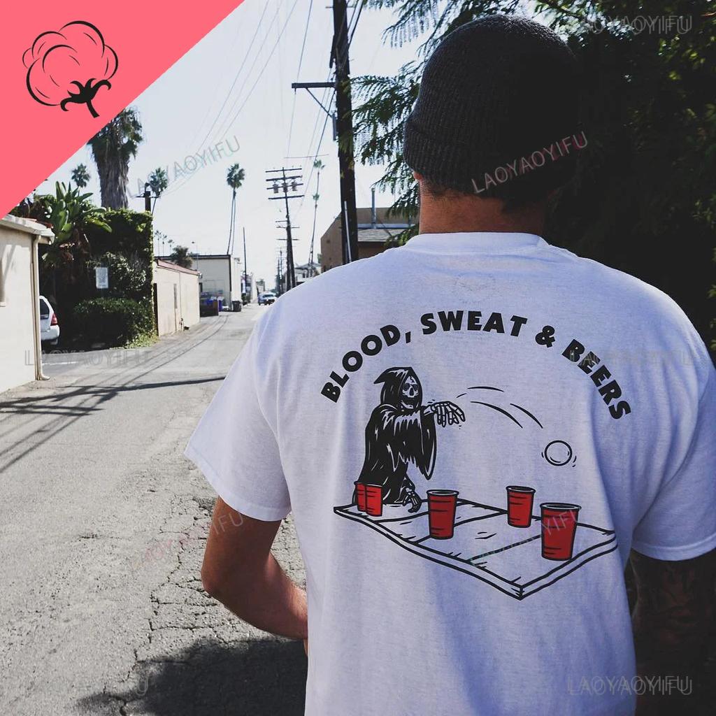 Cool Biker Drinking Beer Skull Graphic Men Cotton T - Shirts Summer Punk Rock Clothes Halloween Party Tops Ropa Hombre Camisetas