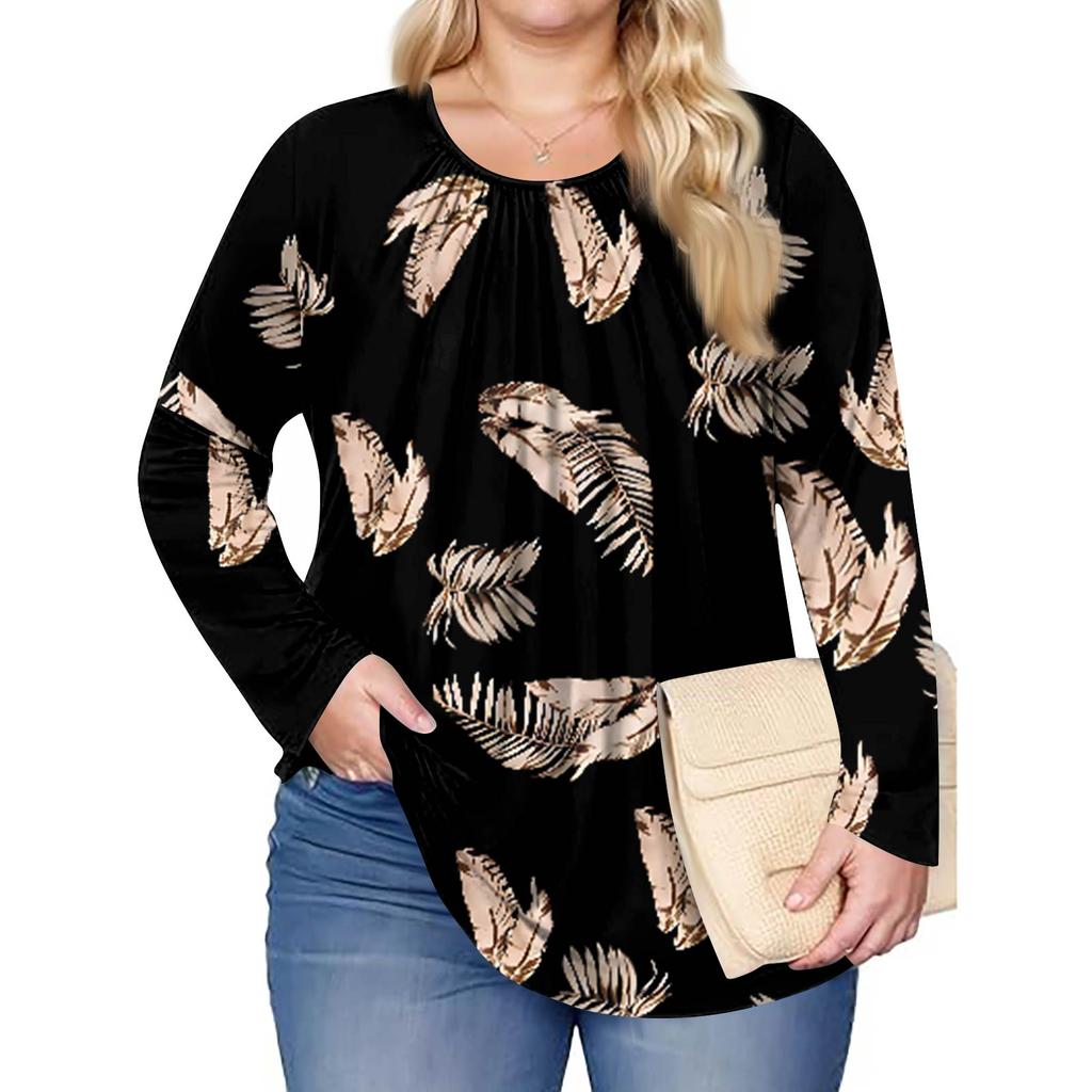 Women's Plus Size Fashion Printed Casual Pleated Round Neck Long Sleeve Top