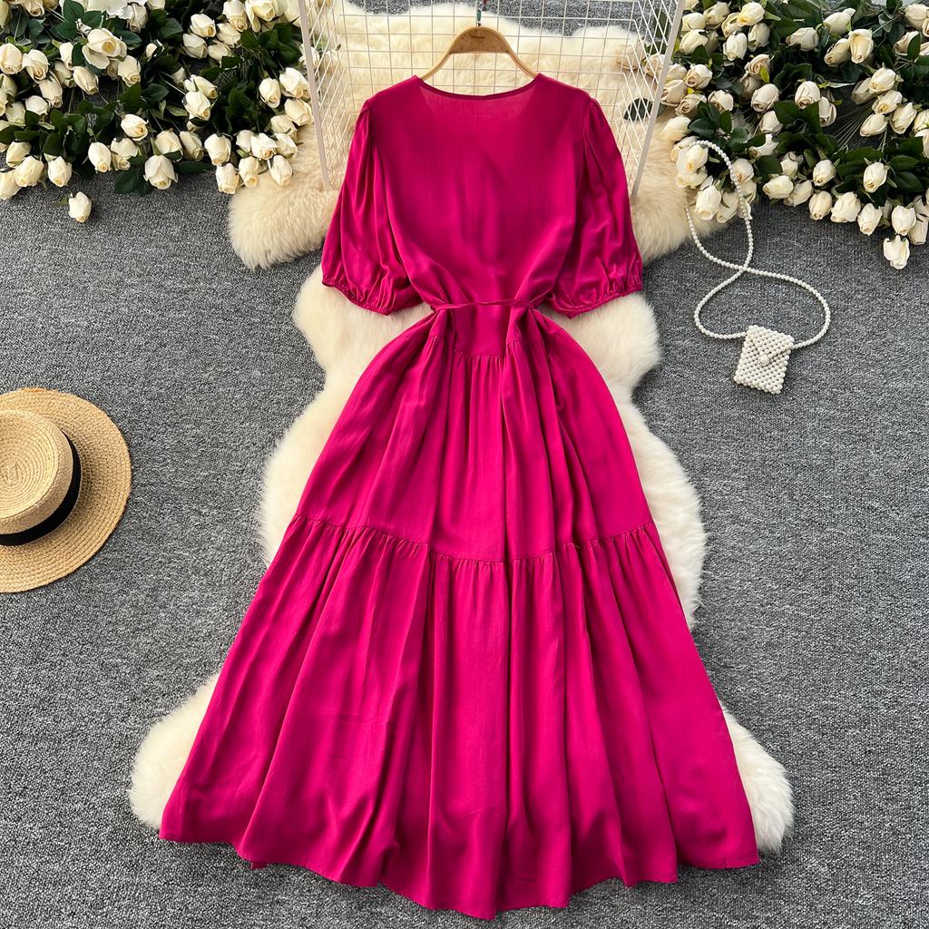 Винтажное платье с круглым вырезом для женщин с рукавами-фонариками, вышитыми шнуровкой, платья А-силуэта, однотонные лоскутные пуговицы, летнее платье