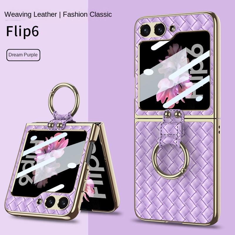 Electroplate Shell Film Weaving Ring Phone Case for Samsung Galaxy Z Flip 6 5 4 Flip6 Flip5 Flip4 Flip3 5G Fall Prevention Cover