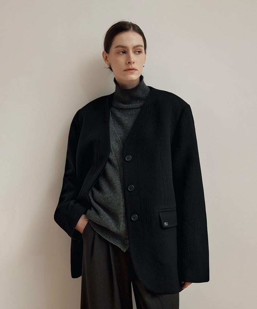 ZEROSTREET Collarless Wool Half Coat / Black