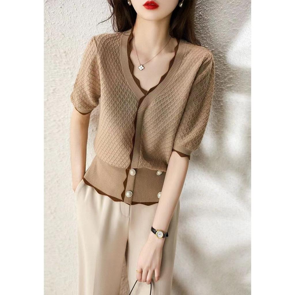 Женская трикотажная футболка с короткими рукавами, летняя новая модная приталенная футболка с V-образным вырезом, футболка из ледяного шелка