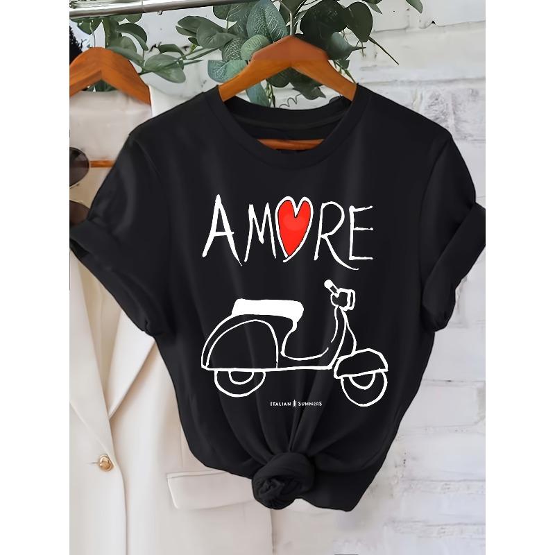 Европейские размеры Женская футболка Amore с коротким рукавом - Минималистичный принт, Топ с круглым вырезом, Повседневная блузка для весенне-летнего гардероба
