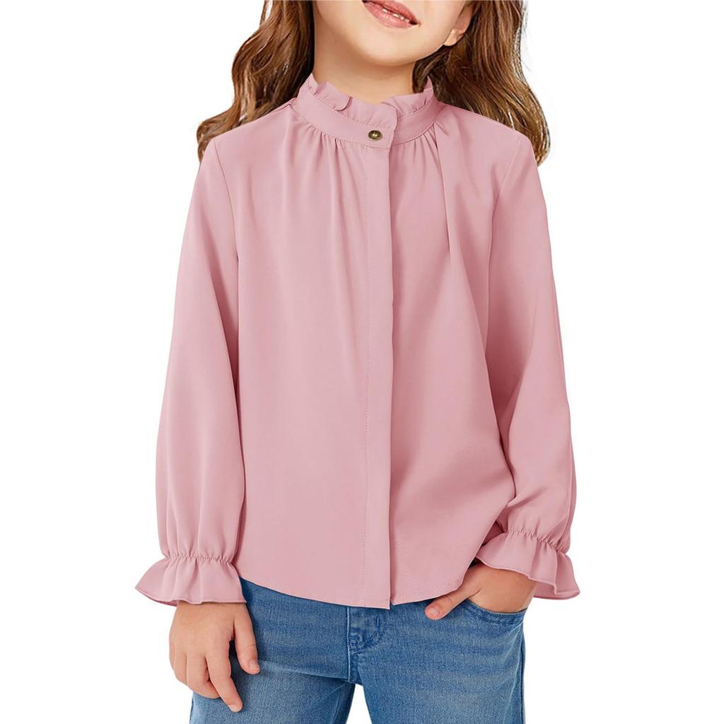 Девичья блузка с оборками - Однотонная рубашка со стойкой