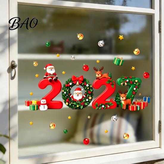 New Year Glass Decals 2027 Christmas Window Clings, Santa Reindeer Gift Ball Static Clings Decals, PVC Removable Stickers for Home Shop Holiday