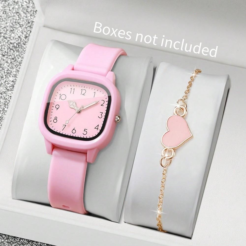 2PCS/Set Silicone Strap Women Quartz Watch Square Dial Fashion Watch Set Casual Wear