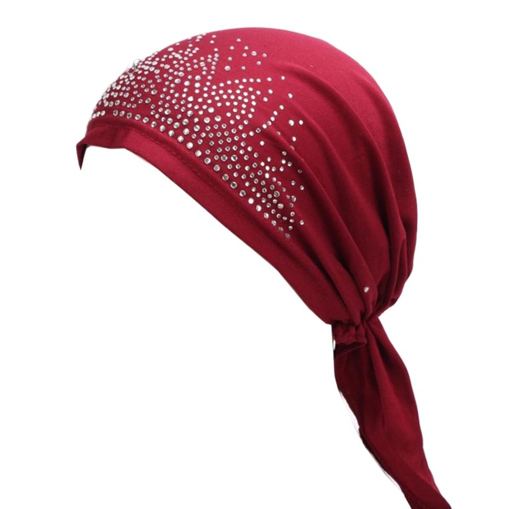 Cute Lady Rhinestone Muslim Turban Hat Chemo Cap Hair Loss Hijab Cap Cover EMA