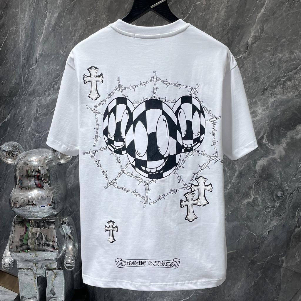 8553 CHROME HEARTS 2025 Лето Новая Высококачественный Хлопок Круглый Вырез Свободный Большой Размер Мужская и Женская Футболка Парная Футболка