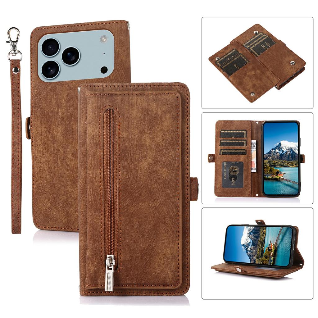 For iPhone 17 Pro Case Zipper Pocket 9 Card Slots PU Leather Phone Cover with Wrist Strap