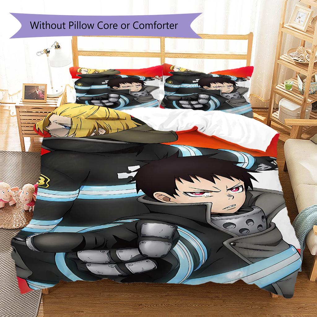 Fire Force Pattern Bedding,Quilt Set Quilt Cover Pillowcase Home Birthday Gift (1 * duvet cover + 2 * pillowcase, without core)
