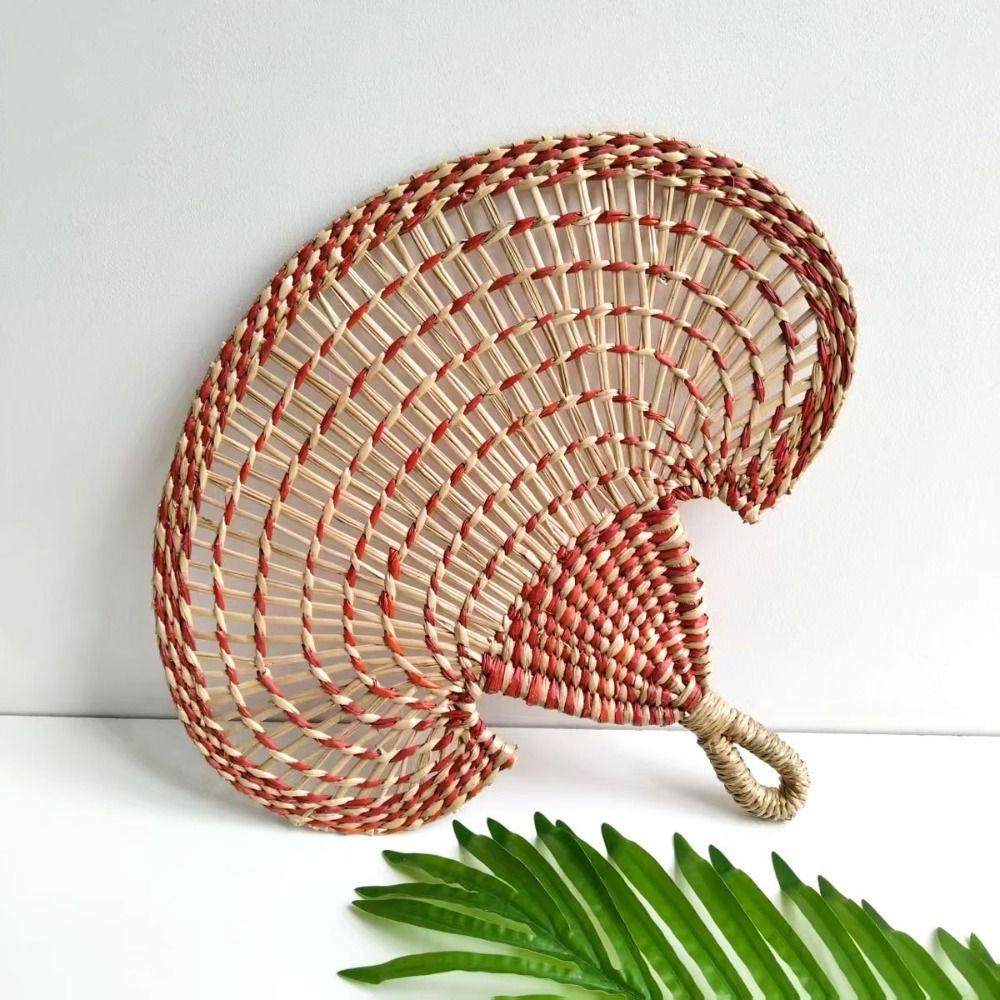 Gift Colorful Hand-woven Straw Fan Bohemian Anti-Mosquito Decorative Handmade Fan Portable Vintage Cattail Fan Beach