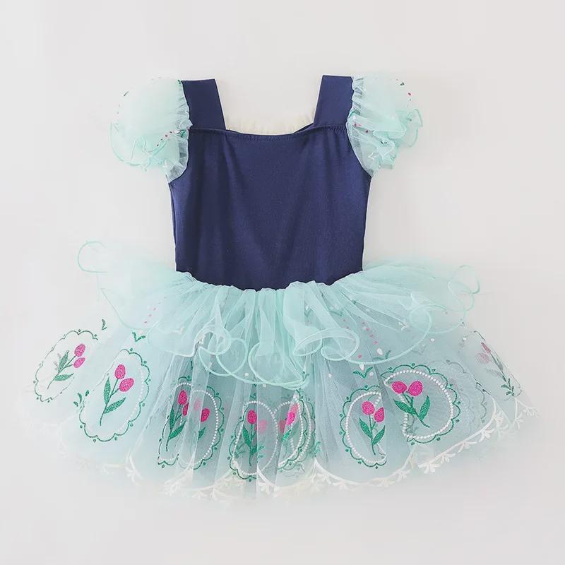 Girls' Ballet Dance Costume - Hidden Button, Open Crotch, Cross-Border Printed Mesh Dress for Performances, Princess Anna Style.