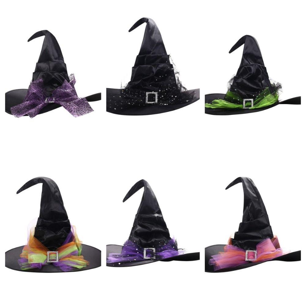 Folds Halloween Witch Hat Satins Wizard Cap Cool Mesh Bow Witch Hat  Dress Up
