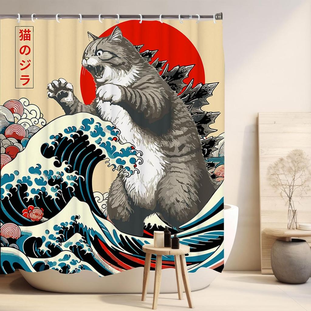 Japanese Cat Shower Curtain, Vintage Anime Sunset Wave Art, Waterproof Fabric With Hooks