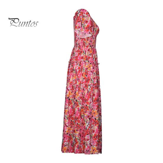 Женское пляжное платье с открытыми плечами Красочный цветочный принт трапециевидной формы в стиле пэчворк Свободный подол с гофрировкой на спине с короткими рукавами Летние каникулы Стиль миди-платья