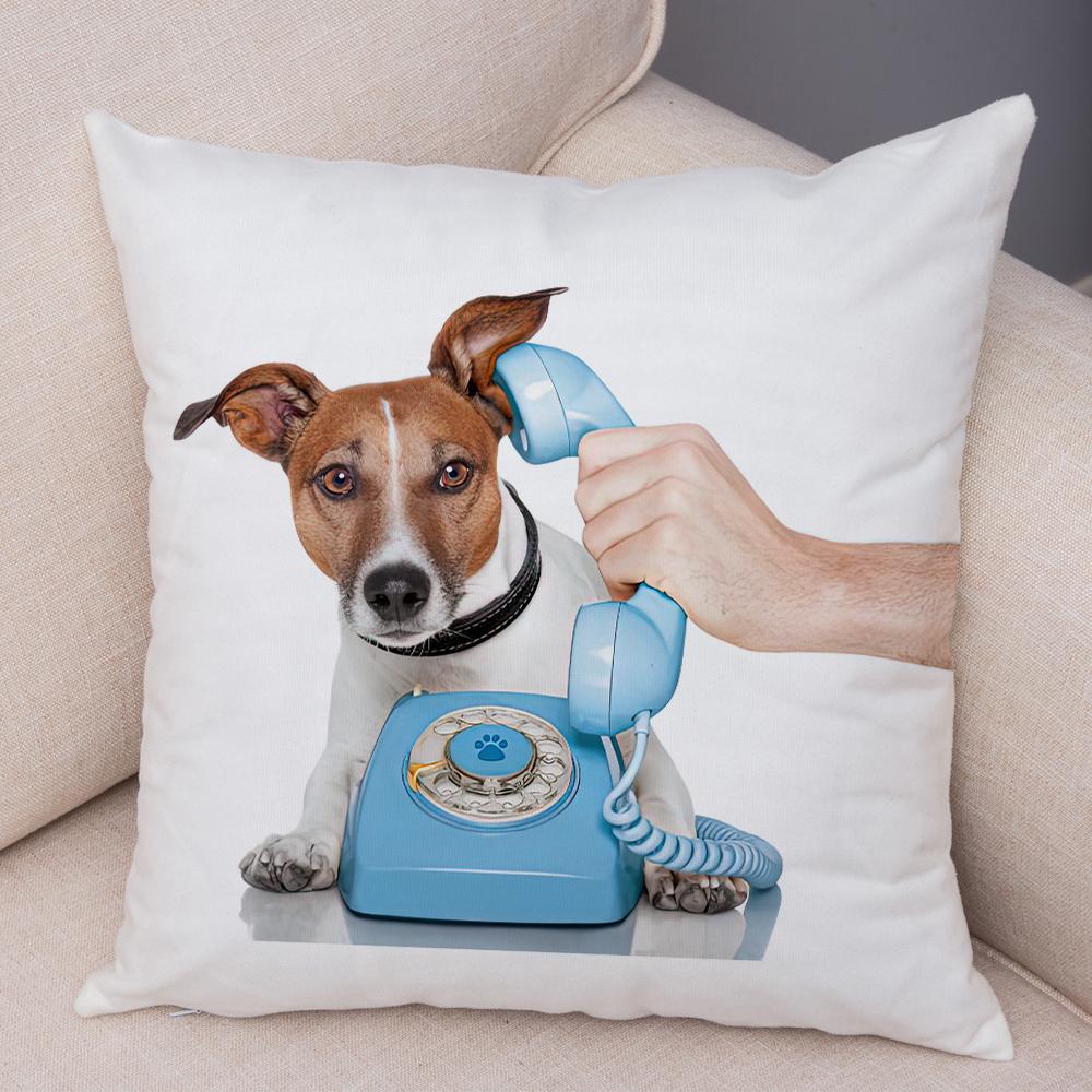 Funny Jack Russell Terrier Cushion Cover Cartoon Dog Wearing Hat Sunglasses Print Soft Living Room Sofa Home Decor Pillow Case