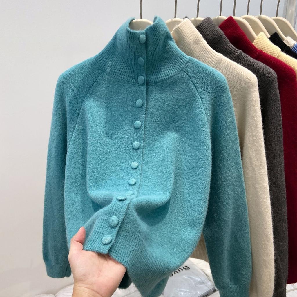 Angola Red Retro Knitted Sweater Women's Thickened Turtleneck Single-breasted Top Jacket Autumn and Winter Temperament Age-reducing Cardigan