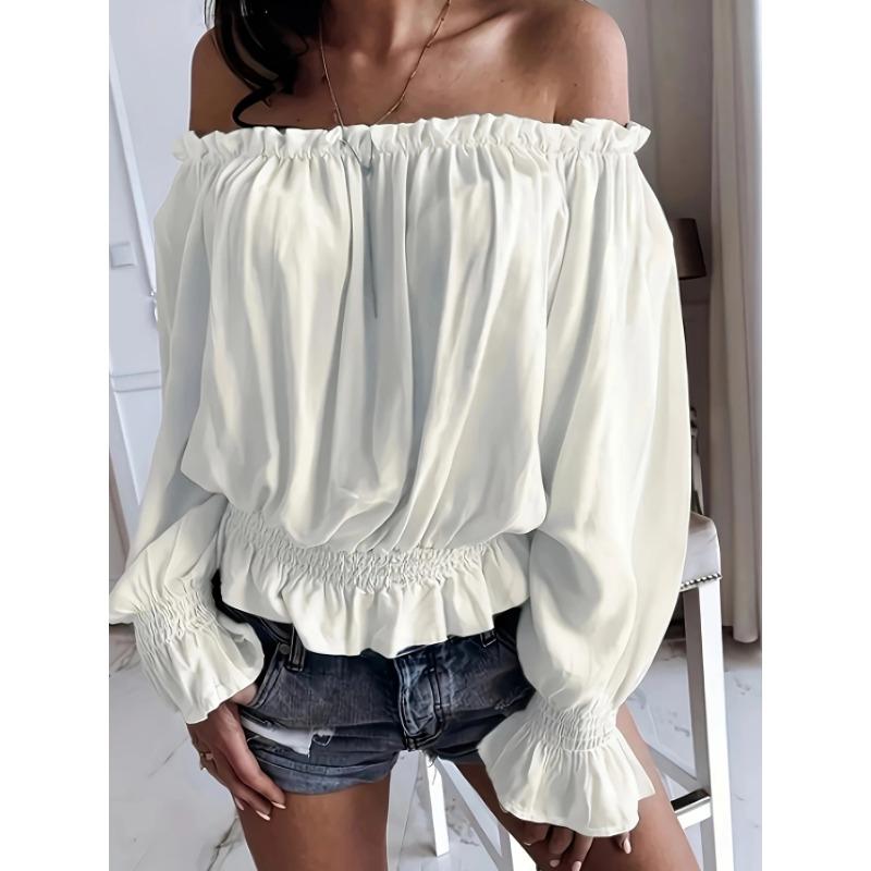 Women's New One Neck Chiffon Shirt Waisted Ruffled Hem Long-sleeved Short Section Summer Sweet Blouse