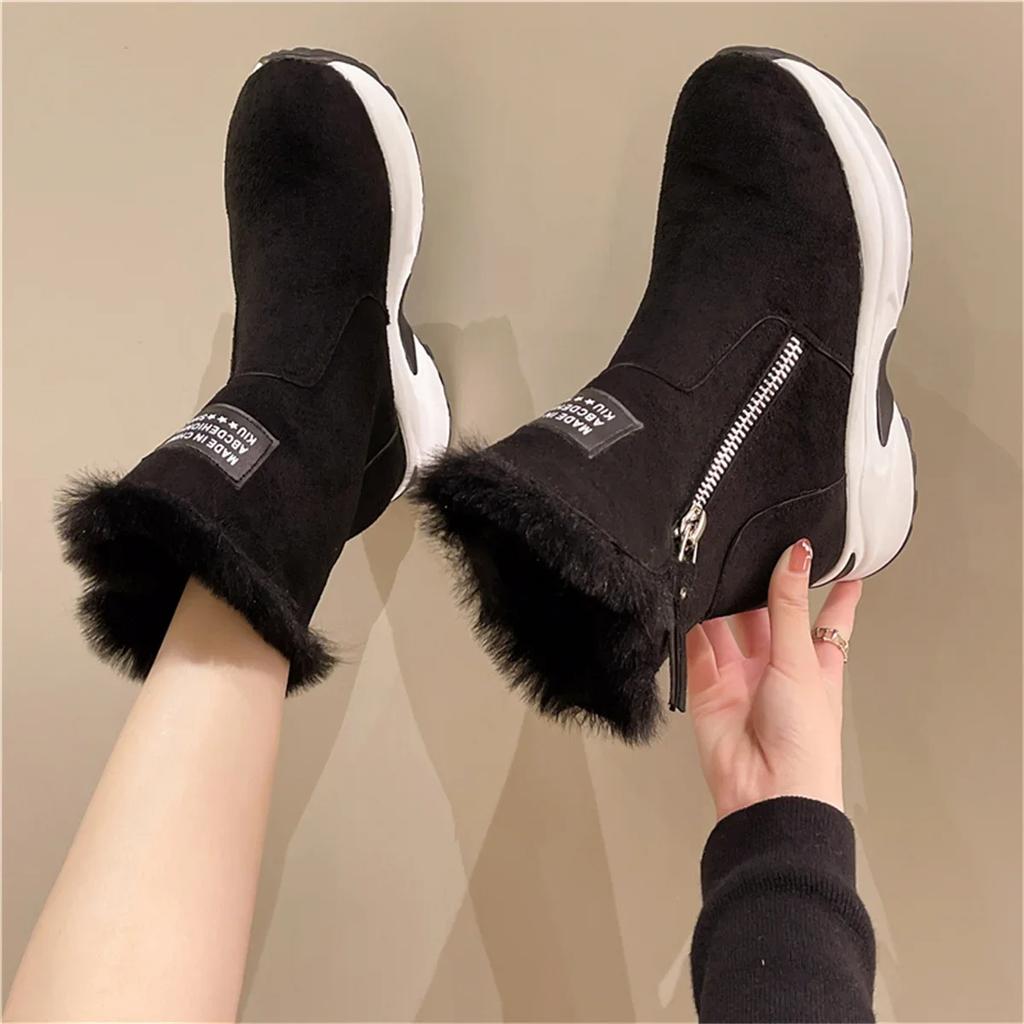 Fashion Women Ankle Boots Warm Plus Fleece Thick Sole Winter Women Snow Boots Fashion Side Zipper Wedge Outdoor Sneakers Botas Mujer