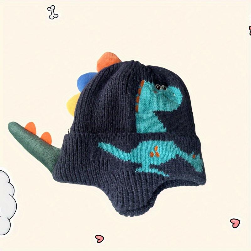 [Holiday Beanie] Lightweight White Acrylic Dinosaur Knit Beanie Hat | Holiday Themed Windproof Ear Protection for Ages 3-14 - Machine Washable