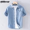 Summer Denim Short Sleeve Shirt Daily Simple Style Casual Jean Men Tops Lapel Collar Pocket Pure Cotton Button Up Shirt Youth Handsome